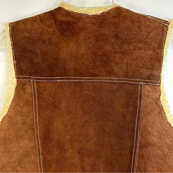 Vintage Genuine Suede Leather Faux Sherpa Vest Snaps Pockets Brown Unisex Large - Picture 5 of 16